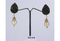 Antique Style Dangling Earrings .925 Sterling Silver Gold Micron Plated with Pearl and Black Diamond