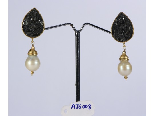 Antique Style Dangling Earrings .925 Sterling Silver Gold Micron Plated with Pearl and Black Diamond