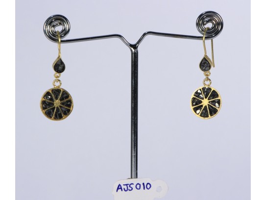 Antique Style Dangling Earrings .925 Sterling Silver Gold Micron Plated with Black Diamond