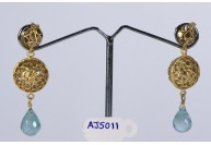 Antique Style Dangling Earrings .925 Sterling Silver Gold Micron Plated with Diamond Slices and Aquamarine