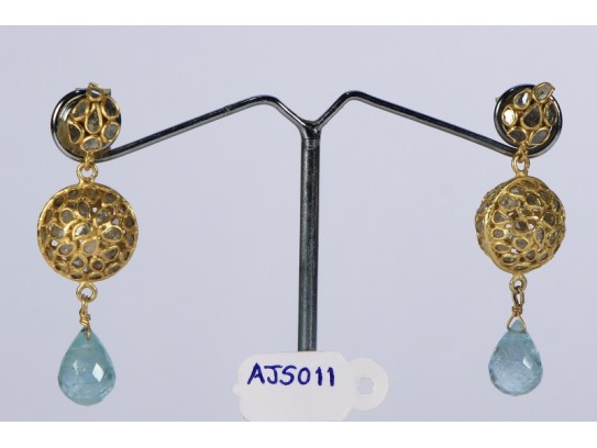 Antique Style Dangling Earrings .925 Sterling Silver Gold Micron Plated with Diamond Slices and Aquamarine