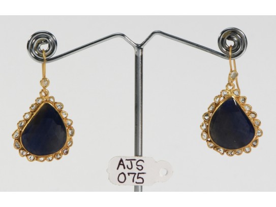 Antique Style Dangling Earrings .925 Sterling Silver Gold Micron Plated with Diamond Slices and BlueSapphire