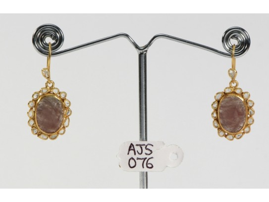 Antique Style Dangling Earrings .925 Sterling Silver Gold Micron Plated with Diamond Slices and Sapphire