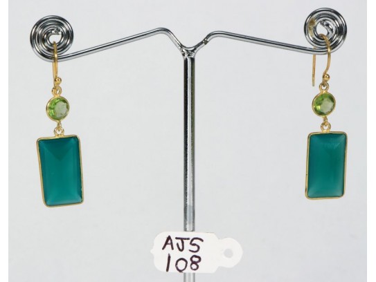 Antique Style Dangling Earrings .925 Sterling Silver Gold Micron Plated with Peridot and Green Onyx