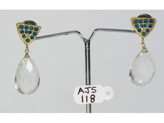 Antique Style Dangling Earrings .925 Sterling Silver Gold Micron Plated with Turquoise and Crystal