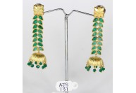 Antique Style Dangling Long Earrings .925 Sterling Silver Gold Micron Plated with Green Color Stone