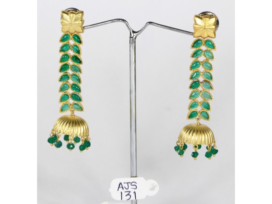 Antique Style Dangling Long Earrings .925 Sterling Silver Gold Micron Plated with Green Color Stone