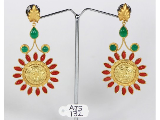 Antique Style Dangling Round Earrings .925 Sterling Silver Gold Micron Plated with Coral and Green Stone