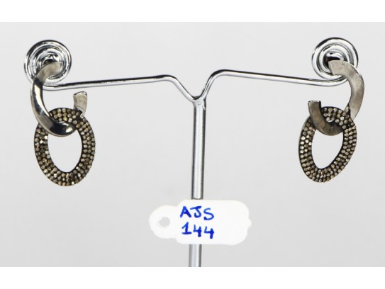Antique Style Earrings .925 Sterling Silver Organic 2-Tone Link Design with Fine Diamonds