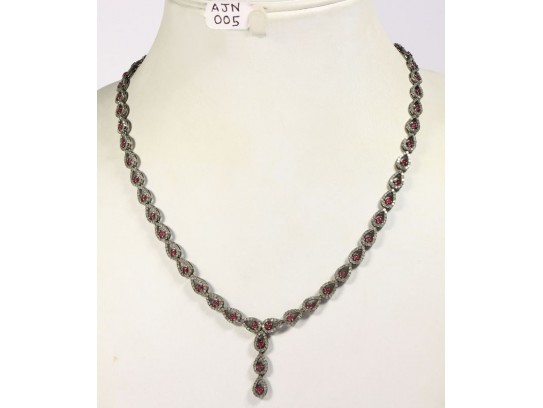 Antique Style Organic Necklace .925 Sterling Silver with Fine Ruby and Diamonds