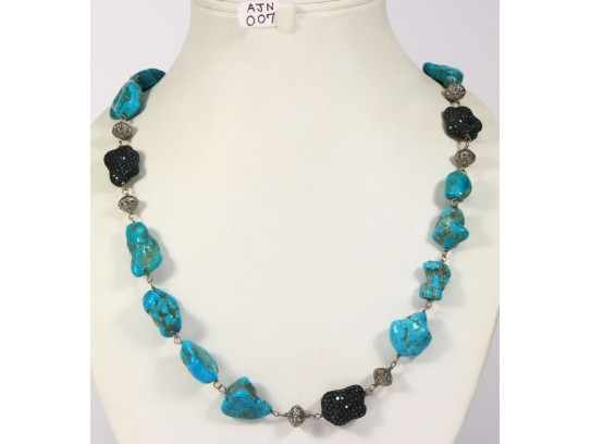 Antique Style Organic Necklace .925 Sterling Silver with Natural Turquoise and Diamond Beads
