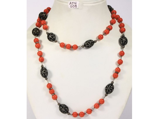 Antique Style Organic Necklace .925 Sterling Silver with Coral and Diamond Beads