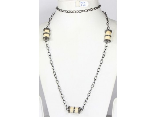 Antique Style Organic Necklace .925 Sterling Silver with Pave Diamonds and White Cylindrical Bone Beads