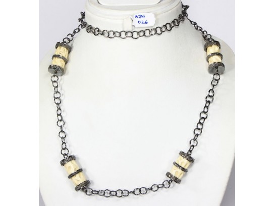 Antique Style Organic Necklace .925 Sterling Silver with Pave Diamonds and White Cylindrical Carved Bone Beads