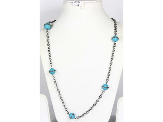 Antique Style Organic Necklace .925 Sterling Silver with Pave Diamonds and Turquoise Beads