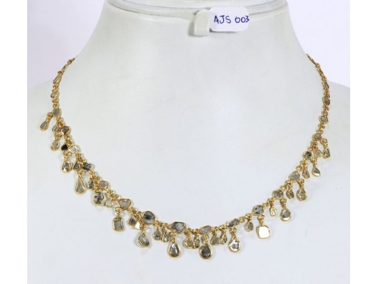Antique Style Organic Necklace .925 Sterling Silver Gold Micron Plated with Diamond Slices 