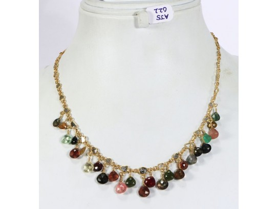 Antique Style Organic Necklace .925 Sterling Silver Gold Micron Plated with Diamond Slices and Multi Tourmaline 