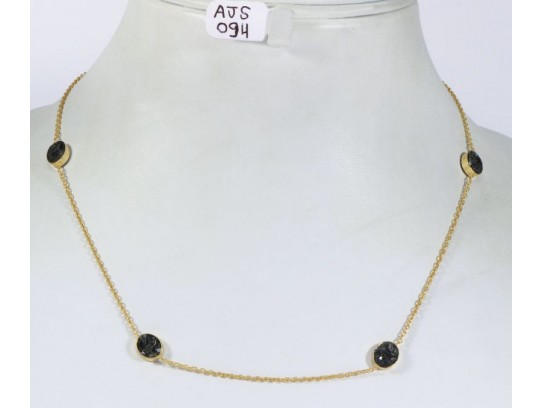 Antique Style Organic Necklace .925 Sterling Silver Gold Micron Plated with small Black Diamond Oval Shape Pendants