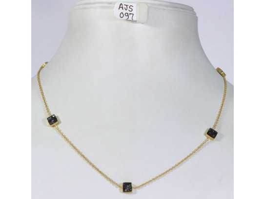 Antique Style Organic Necklace .925 Sterling Silver Gold Micron Plated with small Black Diamond Square Shape Pendants