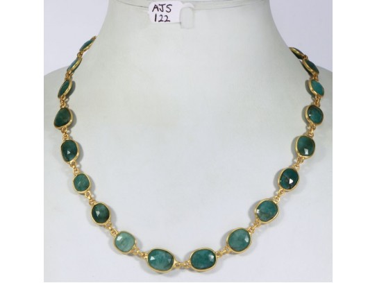 Antique Style Organic Necklace .925 Sterling Silver Gold Micron Plated with Emerald Slices
