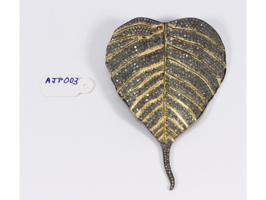 Antique Style Leaf  Design Big 2-Tone Gold Plated Pendant .925 Sterling Silver with Oxidized Pave Diamonds 