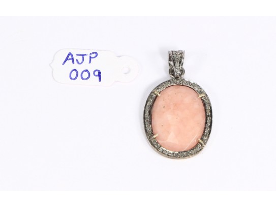Antique Style  Pendant .925 Sterling Silver with Pink Opal and  Oxidized Pave Diamonds with Diamond Bail