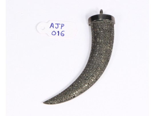 Antique Style  Long Wide Horn Tooth Design Pendant .925 Sterling Silver with Oxidized Pave Diamonds 