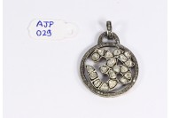 Antique Style  Round Om Design Pendant .925 Sterling Silver with Rosecut Diamonds and Oxidized Pave Diamonds Bail