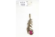 Antique Style  Leaf Design Pendant 14kt Gold .925 Sterling Silver with Oxidized Pave Diamonds and Ruby with Diamond Bail