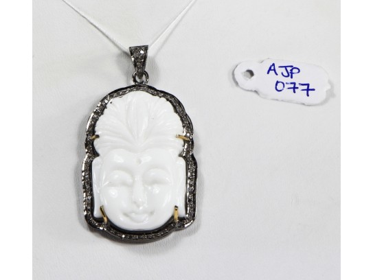 Antique Style Buddha Design  Pendant .925 Sterling Silver with Oxidized Pave Diamonds and Carved White Onyx Gemstone with Diamond Bail