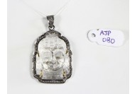 Antique Style Buddha Design  Pendant .925 Sterling Silver with Oxidized Pave Diamonds and Carved Crystal Gemstone with Diamond Bail