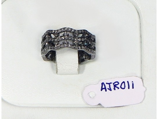 Antique Style Eternity Wavy Band Ring  .925 Sterling Silver with 3 rows of Oxidized Pave Diamonds 