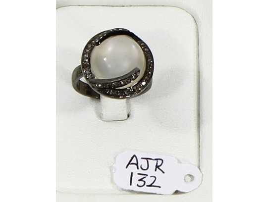 Antique Style Resizable Ring .925 Sterling Silver with Oxidized Pave Diamonds and White Moonstone