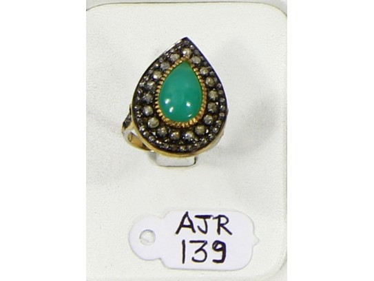 Antique Style Resizable Drop shape Ring .925 Sterling Silver with Oxidized Pave Diamonds and Chrysoprase