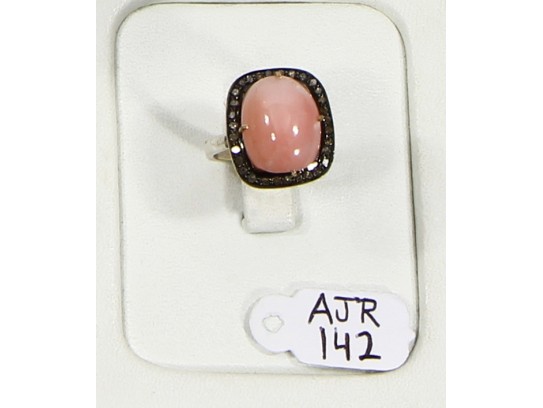 Antique Style Resizable Ring .925 Sterling Silver with Oxidized Pave Diamonds and  Pink Opal