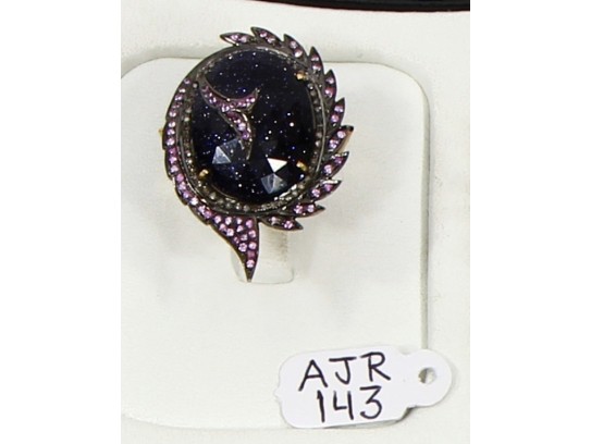 Antique Style Resizable Ring .925 Sterling Silver with Oxidized Pave Diamonds and  Sunstar and Pink Sapphires