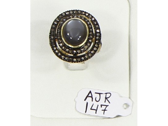Antique Style Resizable Ring .925 Sterling Silver with Oxidized Pave Diamonds and  Moonstone