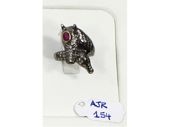 Antique Style Horse Design  Resizable Ring  .925 Sterling Silver with Oxidized Pave Diamonds with Ruby Eye