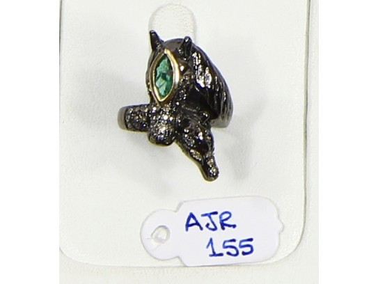 Antique Style Horse Design  Resizable Ring  .925 Sterling Silver with Oxidized Pave Diamonds with Green Stone Eye
