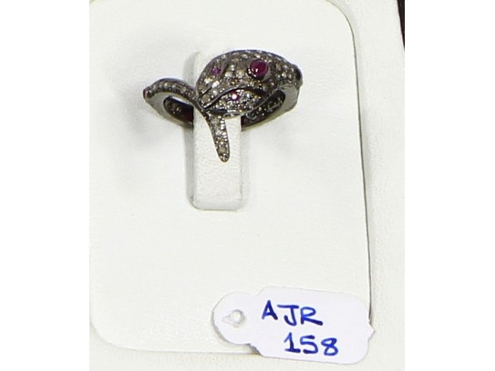 Antique Style Snake Design  Resizable Ring  .925 Sterling Silver with Oxidized Pave Diamonds with Ruby Eye