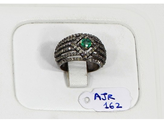Antique Style Resizable Band Ring .925 Sterling Silver with Oxidized Pave Diamonds and Emerald