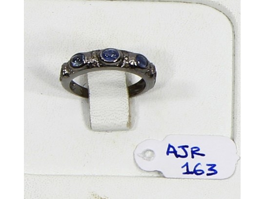 Antique Style Resizable Band Ring .925 Sterling Silver with Oxidized Pave Diamonds and Blue Sapphire
