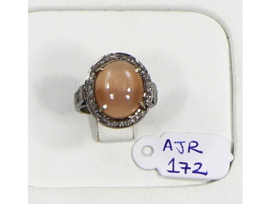 Antique Style Resizable Ring .925 Sterling Silver with Oxidized Pave Diamonds and  Orange Moonstone