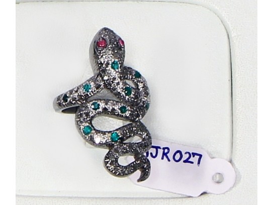 Antique Style Snake Design  Resizable Ring  .925 Sterling Silver with Oxidized Pave Diamonds and Emeraldwith Ruby Eye