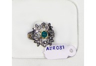 Victorian Style Resizable Ring .925 Sterling Silver Gold Plated with Oxidized Pave Diamonds and Emerald