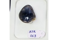 Antique Style Resizable Ring .925 Sterling Silver Gold Plated with Oxidized Pave Diamonds and Natural Sapphire