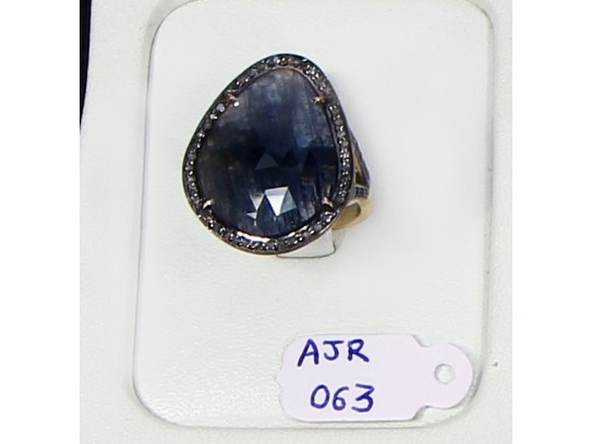 Antique Style Resizable Ring .925 Sterling Silver Gold Plated with Oxidized Pave Diamonds and Natural Sapphire