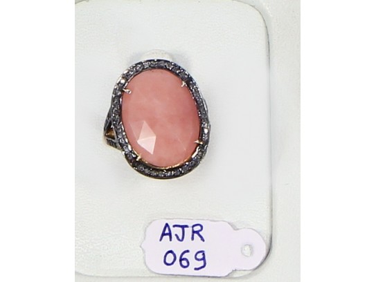 Antique Style Resizable Ring .925 Sterling Silver Gold Plated with Oxidized Pave Diamonds and Pink Opal