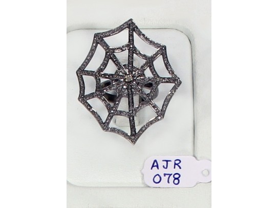 Antique Style Resizable Ring .925 Sterling Silver Spider Web Design with Oxidized Pave Diamonds 