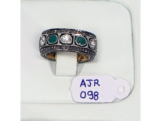 Victorian Antique Style Eternity Band Ring  .925 Sterling Silver withPave and Rosecut Diamonds and Emerald